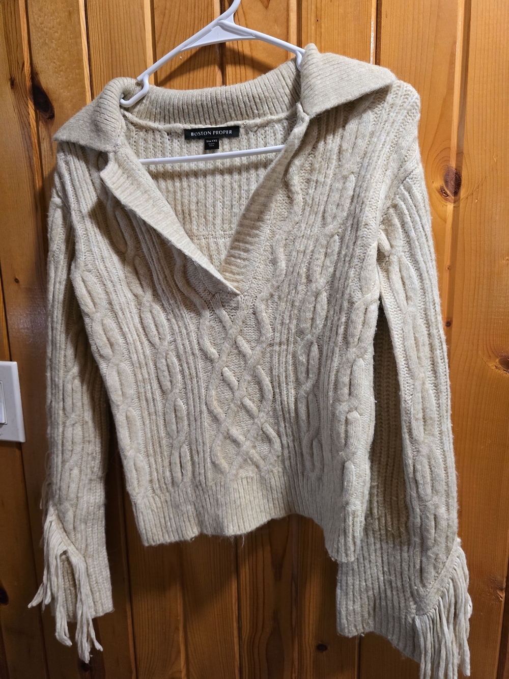 Boston Proper Cream Cable-Knit V-Neck Sweater with Fringe Cuffs